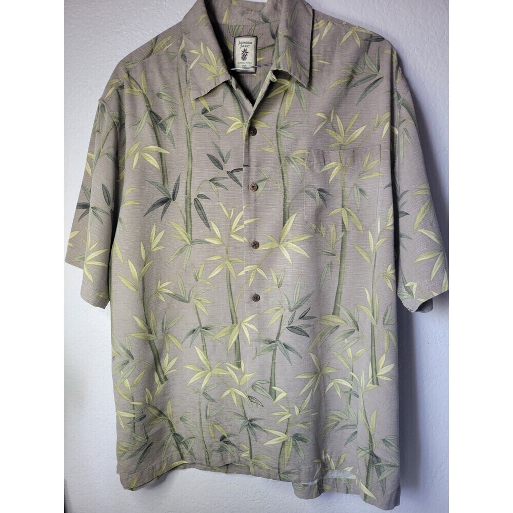 Jamaica Jaxx Mens Green Bamboo Print 100% Silk Button Shirt Short Sleeve Size XL